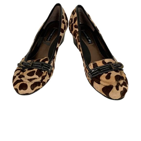 Bandolino Tan Black Leopard Print Hair Calf Wedge Heel Slip On Loafers Size 6.5 - Picture 2 of 11